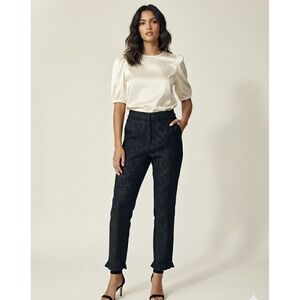 DREAM Sister Jane Black Floral‎ Jacquard Beaded High-Waist Ruffle Hem Trousers S